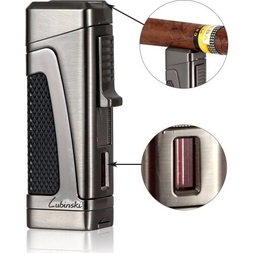LUBINSKI Metal Cigar Lighter Portable Windproof Refillable Butane Gas 3 Jet Flame Lighter Gadgets Smoking Accessories Gift Box
