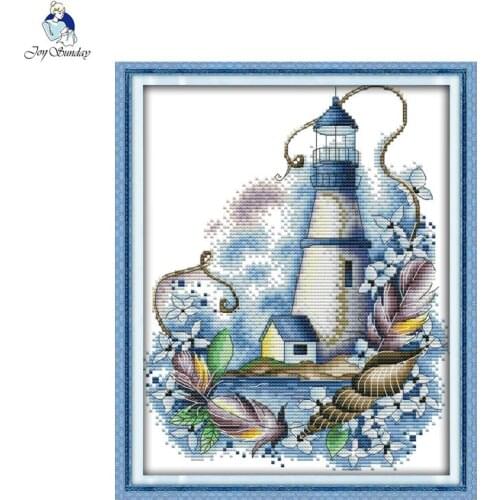 Joy Sunday Blue lighthouse Cross-stitch embroidery kits, DIY handwork embroidery suit, enough canvas for embroidery