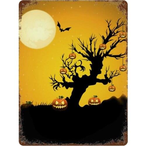 NoBrands Vintage Retro Metal Tin Sign Wall Decor Art Halloween Midnight Hanging Pumpkin Lantern Tree Home Decor Plaque Poster
