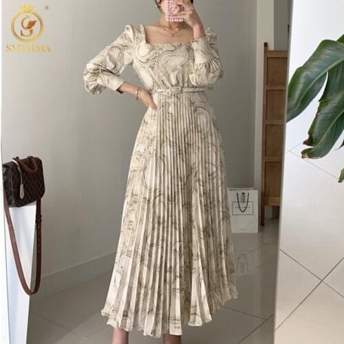 New Fashion 2021 Women Autunm Square Collar Dresses High Waist Printed Floral Vintage Pleated With Belt Korean Chic Long Dress