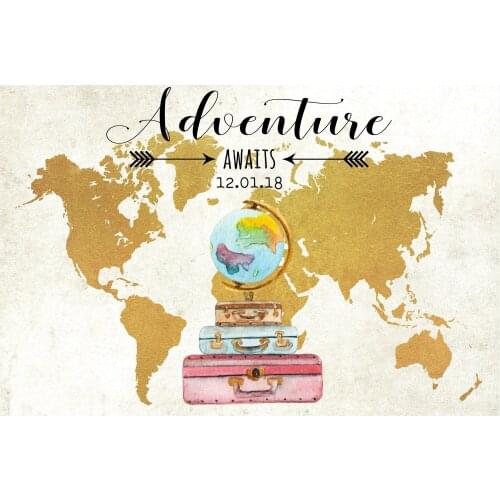 Custom Adventure Awaits Gold World Map Globe Baby Shower background Computer print birthday photo backdrop