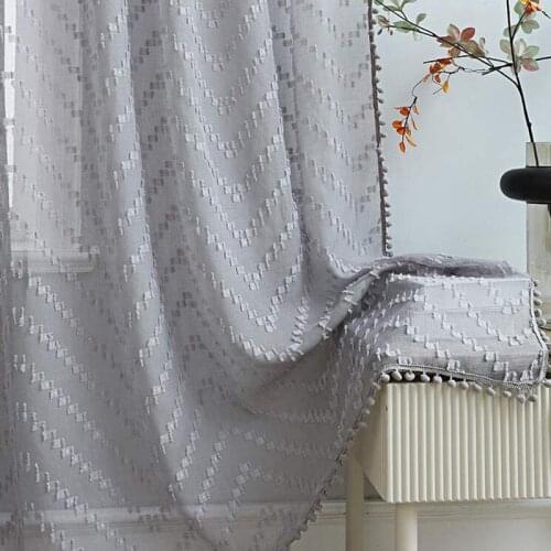 Grey Pom Pom Tassel Sheer Curtains for Bedroom Kids Boys Semi Transparent Faux Linen Window Panel Partition Drapes