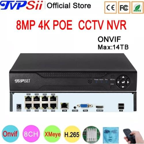 Remote Control Hi3536D XMeye Audio 48V Max 8TB H.265+ 5mp 8CH 8 Channel Face Detection Onvif IP POE CCTV DVR NVR