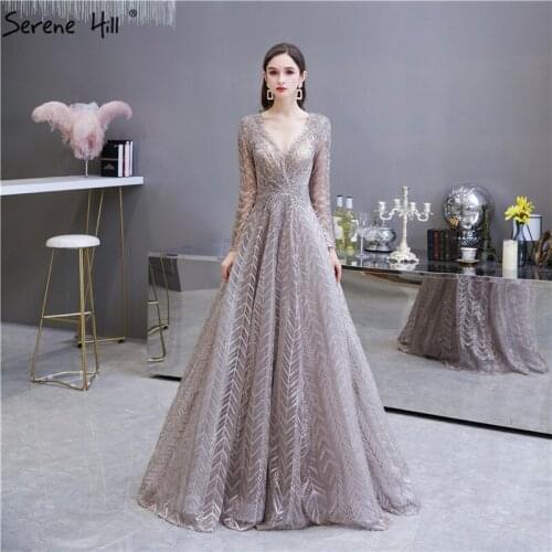 A-Line Luxury Long Sleeve Evening Dresses 2020 Khaki V-Neck Crystal Sequined Formal Gown Design Serene Hill BLA70430