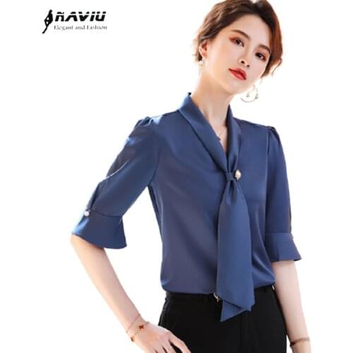 Shirt Women V Neck Design Summer 2021 New Fashion Temperament Half Sleeve Chiffon Blouses Office Ladies Work Tops