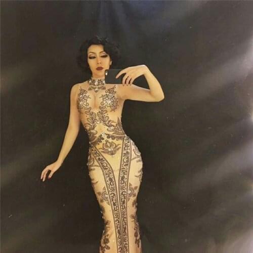 S45 Rhinestone long hip dress catwalk stage show wears jumpsuit singer bodysuit pole dance outfit dj disco bar performance