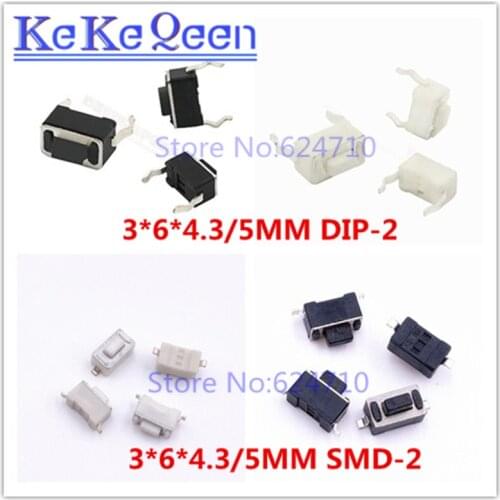 1000PCS 3*6*4.3/5MM Micro Switch 2PIN White Black Button Tactile Tact Push Switch 3*6*4.3mm 3*6*5mm DIP-2 SMD-2 3x6x4.3/5 mm