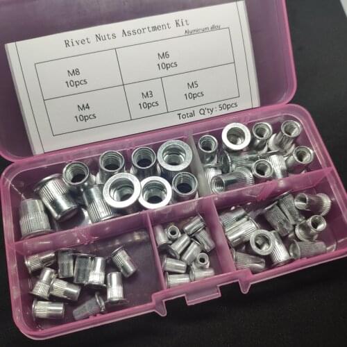 50pcs/box M3 M4 M5 M6 M8 Aluminum Alloy Rivnut Flat Head Threaded Rivet Insert Nutsert Cap Rivet Nut Assortment Kit