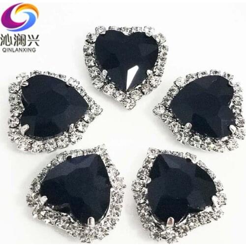 Factory sales heart shape Black Crystal glass buckle with holes,silver bottom sew on rhinestones for Diy/jewelry accessories