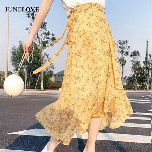 JuneLove Elegant Ruffles Patchwork Holiday Long Maxi Skirts Women High Waist Behemian Irregular Jupe Femme Summer 2020 Bottoms