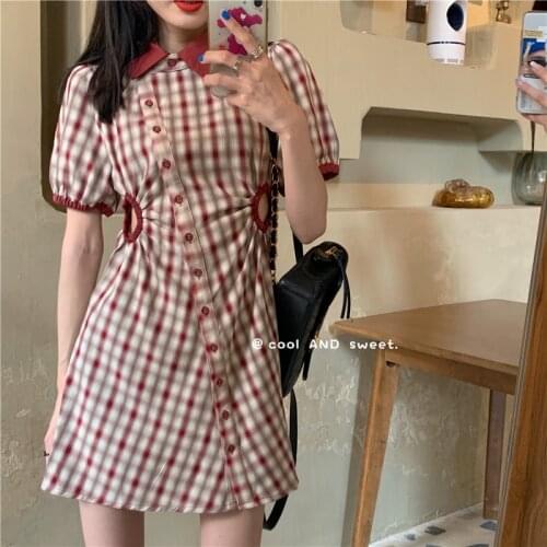 Womens Dresses Japanese Harajuku Vintage Ladies Ulzzang Hollow Plaid Dress Female Korean Kawaii Cute Clothing For Women