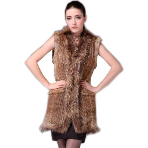 2019 Real rabbit fur vest Women knitted genuine raccoon fur vest overcoat pocket garment & raccoon collar without hood