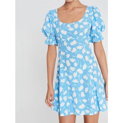 Womens Blue Mini Dress Ruffles Puff Sleeve Floral Printing Square Collar Sashes Zipper Lace-up Prairie Chic Short Dress Button