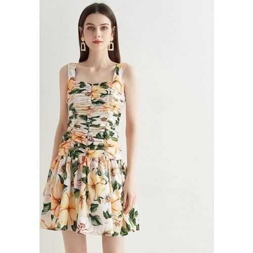 Menahem 2021 Beach Ruched Spaghetti Strap Cotton Dress Women Elegant Slash Neck Backless Floral Print Ball Gown Summer Dress