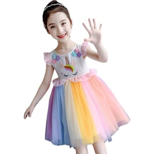 2021 Girls‘ Dress Costumes Wedding Party Clothes Unicorn Princess Summer Petal Sleeve Dress Childrens Multi Sweet Dress