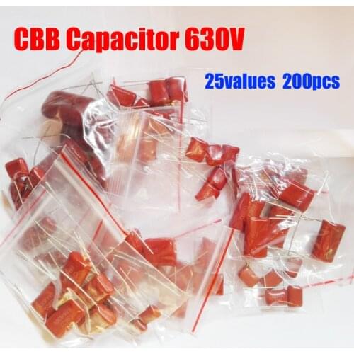 25values Total 200pcs 630V CBB 0.001uf~2.2uf Capacitor Assorted Kit 103 104 105 225 etc