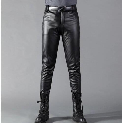 Summer Men Leather Pants Skinny Fit Elastic Style Fashion PU Leather Trousers Motorcycle Pants Thin Streetwear