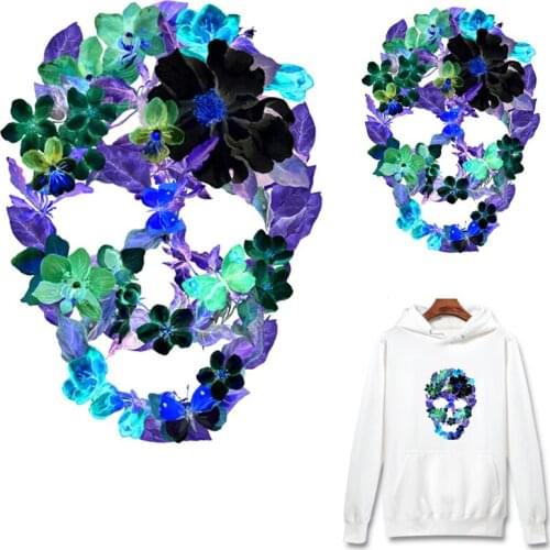 Prajna Skull Flowers Patch Heat Transfer Vinyl Iron On Transfers For Clothing Ironing Grim Reaper Stickers On Clothes Appliques