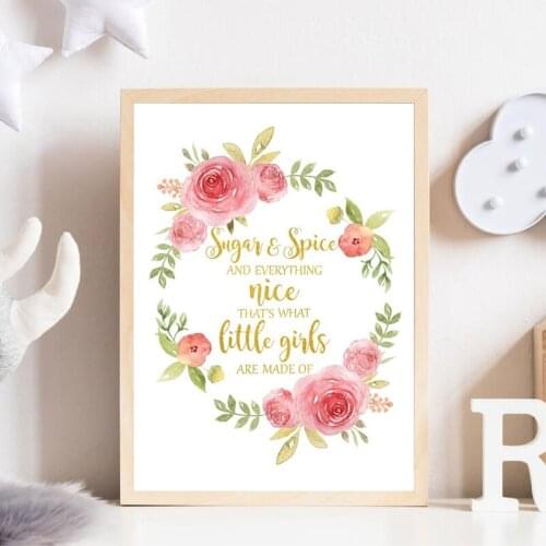 Sugar & Spice & Everything Nice Quote Girls Nursery Print Watercolor Pink Flower Wall Art Canvas Painting Poster Kid Room Decor