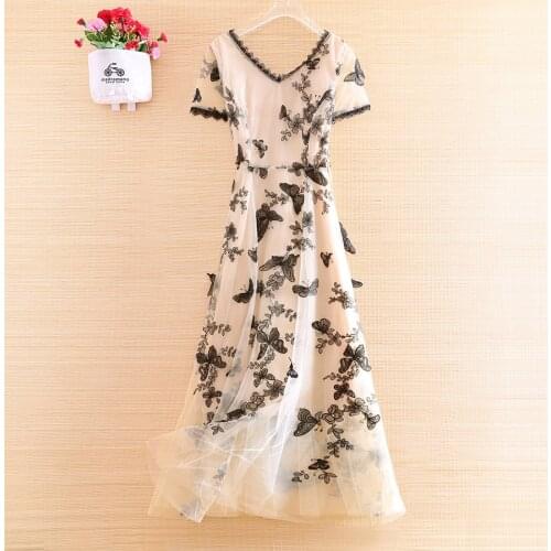 Chinese Style Women Mesh Dress High-end Retro Embroidery Three-dimensional Butterfly Elegant Slim Lady Party Dress S-XXL