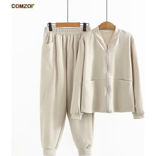 Korean Plus Size Women 2 Piece Set Baseball Jacket+Pants 2021 Autumn Winter Coats Tracksuits Clothing Roupas Femininas 4XL