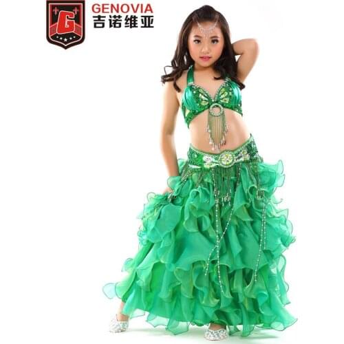 Girl Kids Beaded Belly Dance Costume Indian Dance Costumes Oriental Bellydance Sequin Top Bra & Belt & Skirt Suit 8 Colors