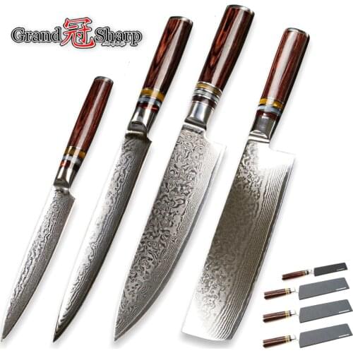 Chef Knife Set 4 Pcs Damascus Kitchen Knives vg10 Japanese Steel Damascus Knives Nakiri Slicing Vegetables Fruits Knives Sets