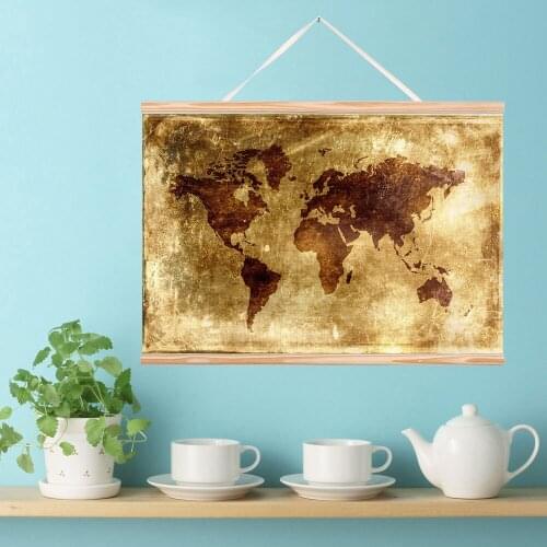 QKART Wall Art World Map Brown Wall Art Pictures Canvas Wooden Scroll Paintings For Living Room Posters and Prints Ready to Hang