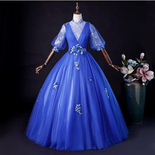 Luxury royal blue bubble sleeve lace ball gown fairy dress European court Gown queen Victorian Belle /ball gown