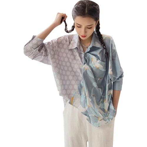 2021 new summer chinese style retro shirt loose long-sleeved top comfortable fabrics floral printing pocket design fashion