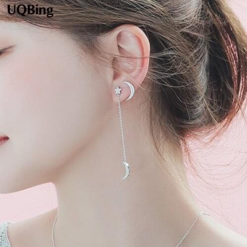 Free Shipping 925 Sterling Silver Rhinestone Moon Star Asymmetry Stud Earrings For Women Jewelry Pendientes Brincos