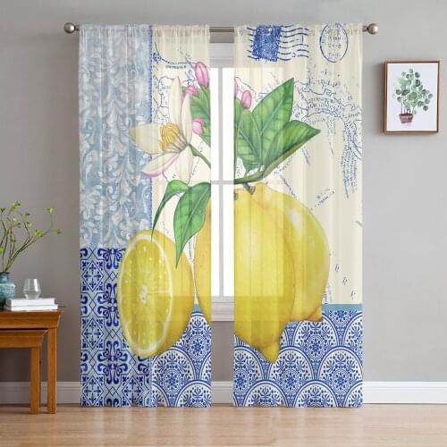 Blue And White Porcelain Texture Map Lemon Tulle Curtain Voile Transparent for Bedroom Living Room Kitchen Sheer Window Curtains