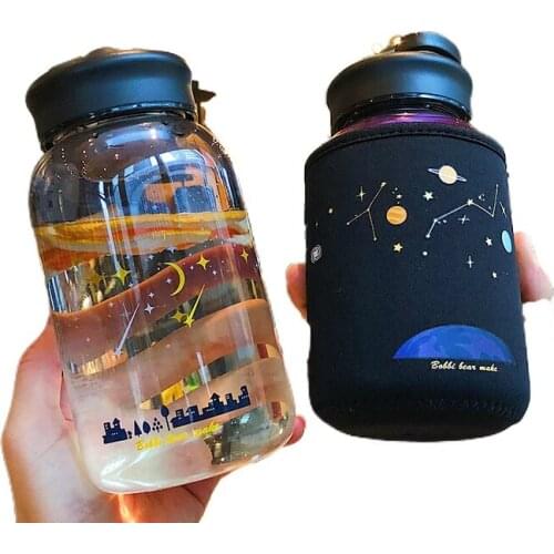 600ML Starry sky Gradient Glass Water Bottle With Protective Bag Cute Fashion Leak proof Water Cup for Girls Sport Drink Bottles