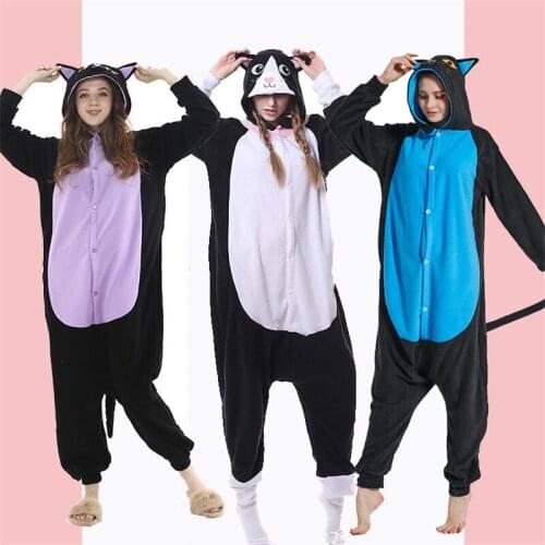 Adults Animal Onesies Cat Cartoon Pajamas Sets Sleepwear Women Men Winter Unisex Midnight Cat Costumes Fleece Hooded Pajamas