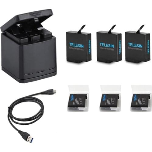 3 Way LED Battery Charger Charging Storage Box +3 Battery Pack + Type C Cable for GoPro Hero 5 6 7 Camera Accessories