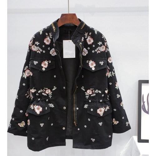 Oversized Loose Beading Embroidery Flower Baseball Jacket Women Autumn Chic Long sleeve Short Coat Windbreaker Female Streetwear