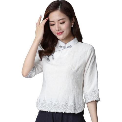Shanghai Story Half Sleeve chinese Traditional Clothing Womens Chinese Top Blend Linen Blouse Chinese Cheongsam Top Qipao Shirt