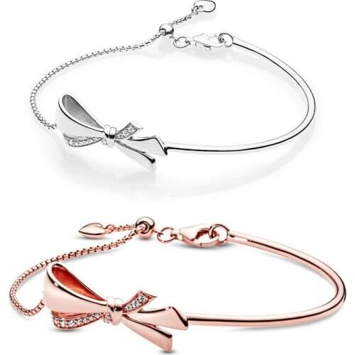 100% 925 Sterling Silver Classic Sparkling Bow Pan Bracelet Women Charm Fashion DIY Jewelry