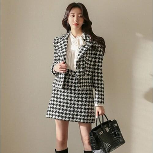 Winter New Houndstooth Women Woolen 2 Pieces Set Lady Chic Coat + Fashion High Waist Bodycon Mini Skirt Suit