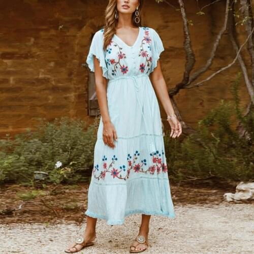 TEELYNN cotton Flower embroidery v neck maxi dresses women summer vestidos 2020 Adjust waist boho casual long dress beach robe