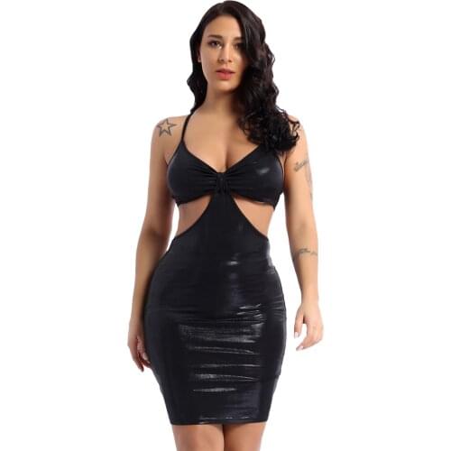 Women Backless Cross V Neck Sexy Dress Summer Shiny Cut Out High Waist Spaghetti Strap Bodycon Mini Dress for Party Wedding Club