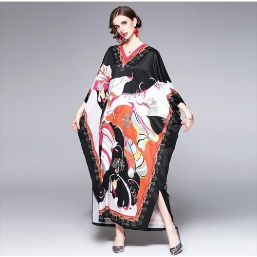 WTIANYUW Bohemian Style Dress For Women V Neck Batwing Three Sleeve Print Hit Color Loose Dresses Female 2021 Summer Clothes New