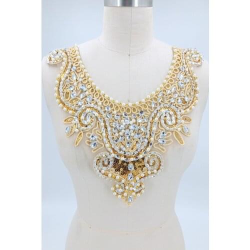 Golden lace applique with silver beads rhinestones patches 30*29cm for dress accessory