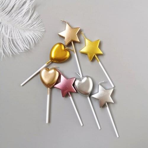 1Pcs Cake Decoration Candle Cake Pick Ornament Love Stars Shape Candles for Valentines Day Birthday Party Supplies Golden