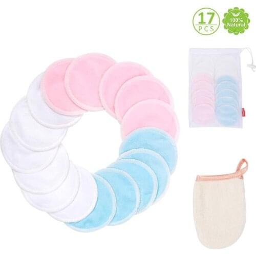 17pcs Bamboo Cotton Soft Reusable Skin Care Face Wipes Washable Deep Cleansing Cosmetics Tool Round Makeup Remover Pad