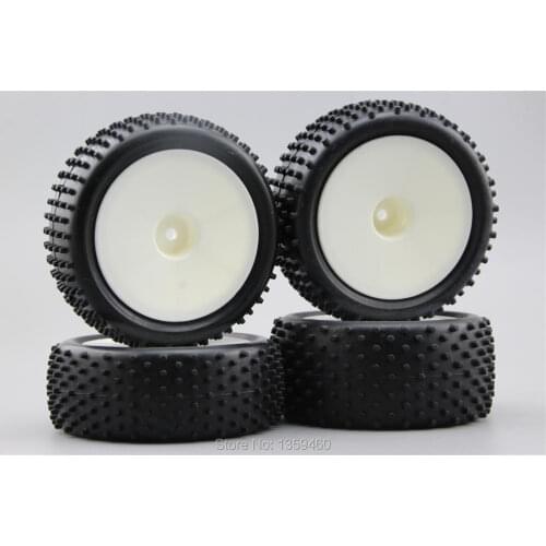 4pcs 1/10 Buggy Off Road Tire Tyre Cylinder Front&Rear Dish White Wheel Rim Fit for 1:10 4WD Buggy Car 1/10 Tire 25024+27005