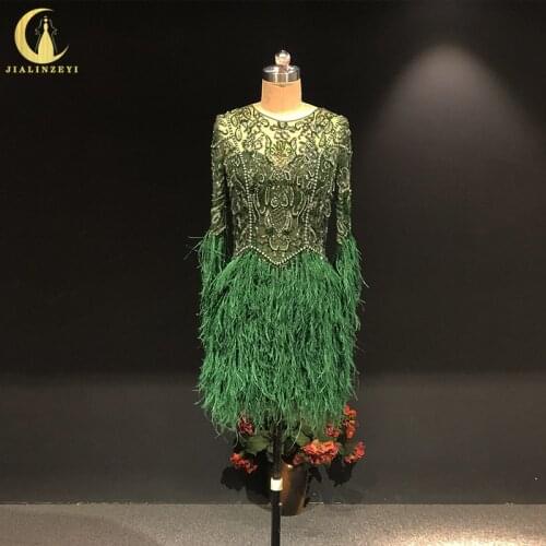 Rhine real Pictures Luxurious Long sleeves Drak Green with Feathers Crystal vestido de noiva arabic evening dresses