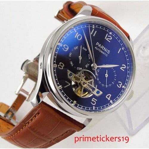 Silver plated hands week date indicator 2 models PARNIS 43mm mechanical mens watch leather strap