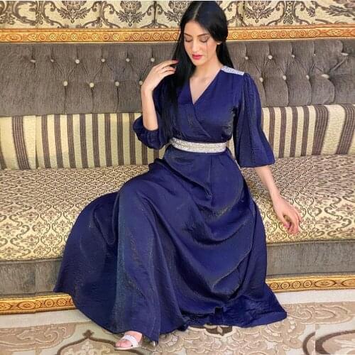 Women Muslim Maxi Dress India Folk Diamond Sashes V Neck Turkey Arabic Party Dress 2020 Autumn Abaya Loose Dress Islamic Robe