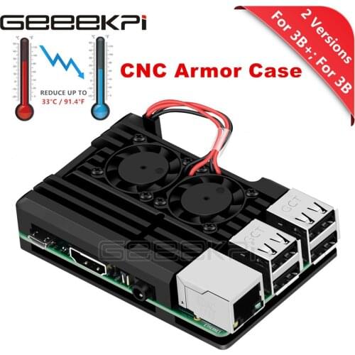 GeeekPi Original CNC Aluminum Alloy Armor Case with Cooling Heatsink Dual Fan for Raspberry Pi 3 Model B / Pi 3 B+ (Plus)